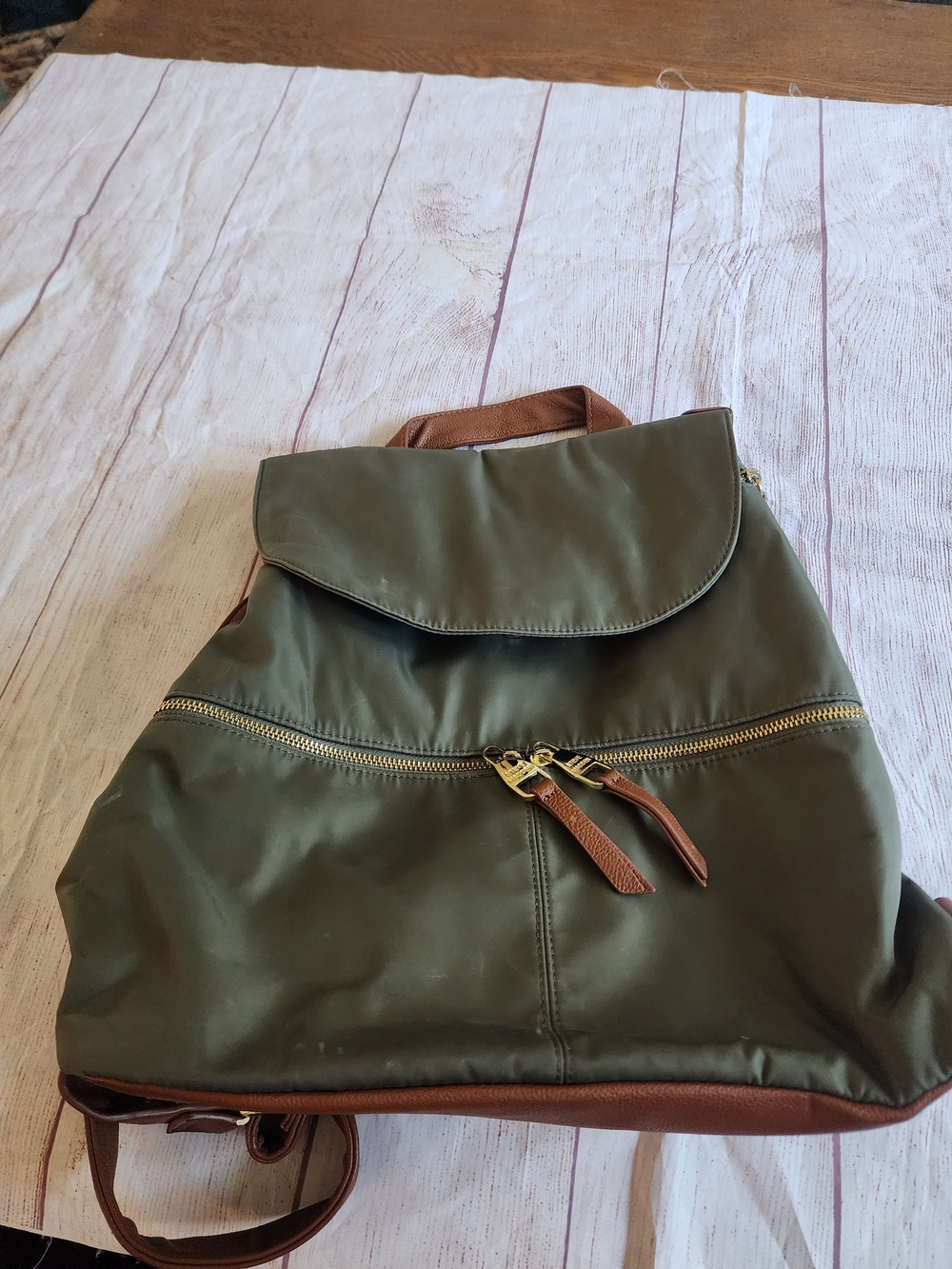 Steve Madden Olive Green Nylon Backpack with Brown Trim